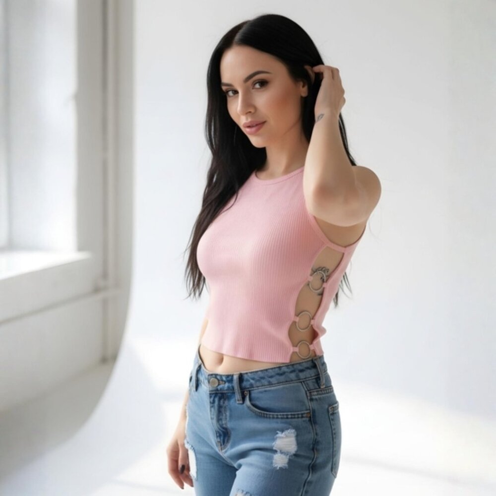Balboa ✦ Ribbed Tank Top w/ O‑Ring Hardware ✦ Pink Cropped Stretch Festival L